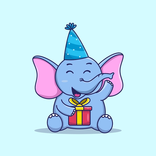 Cute baby elephant birthday with gift box cartoon