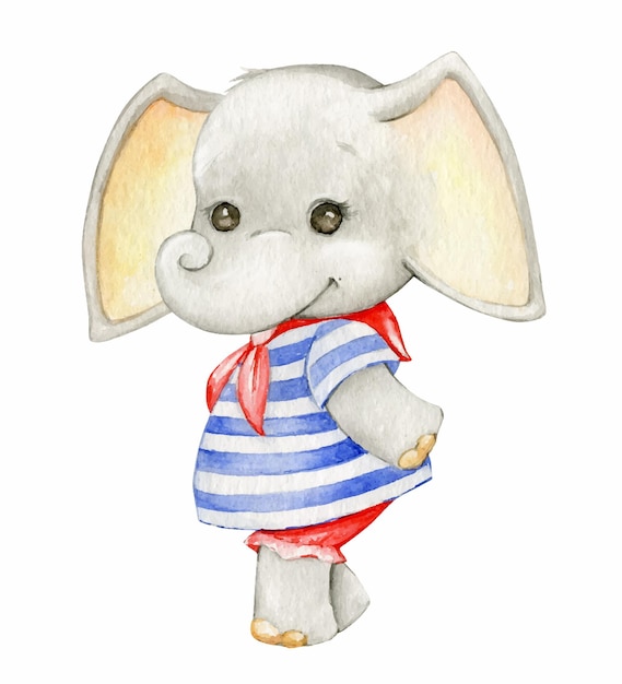 Cute baby elephant in a blue dress Watercolor animal clip art in cartoon style