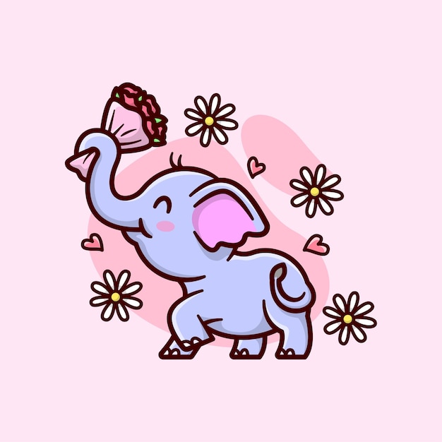 Cute baby elephant bring a bucket of flower and feeling lovely