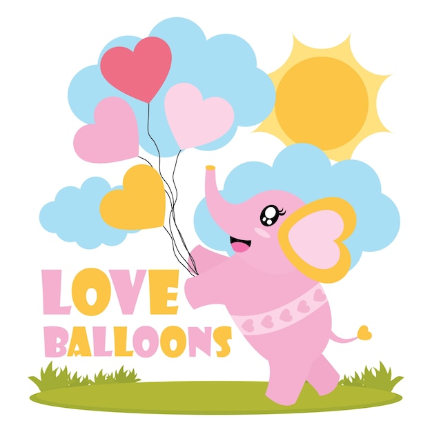 Vector cute baby elephant brings love balloons