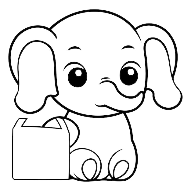 Vector cute baby elephant cartoon character with box of food vector illustration