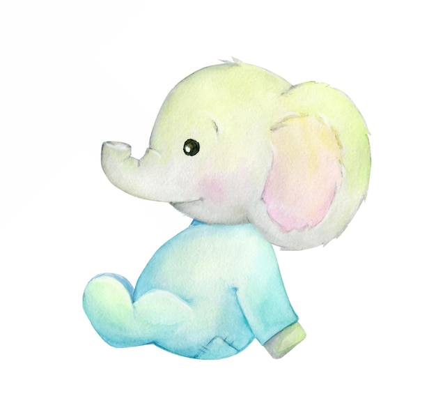 Cute baby elephant in a cartoon style watercolor animal on an isolated background for children's holidays