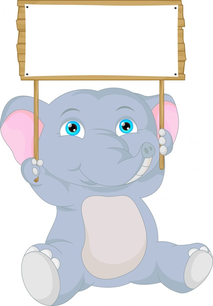 Vettore cartone animato carino elefantino con segno bianco