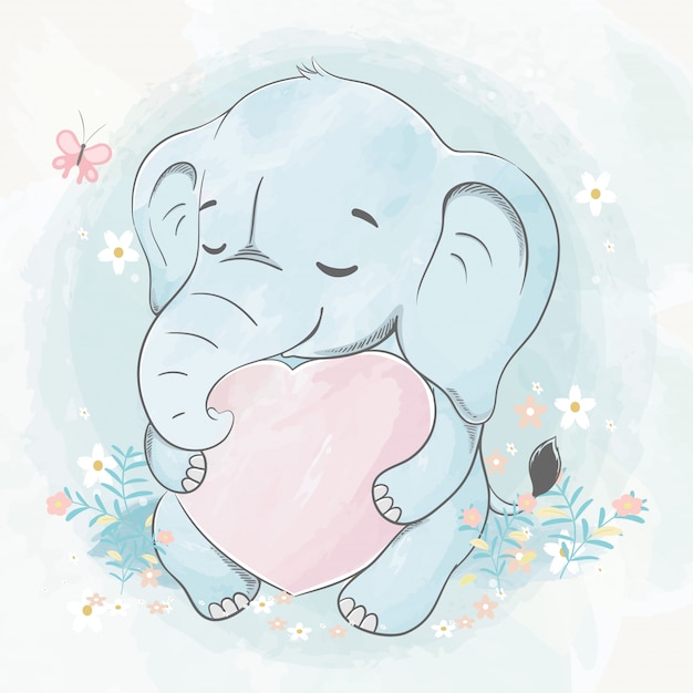 Cute baby elephant embrace a big heart water color cartoon hand drawn illustration