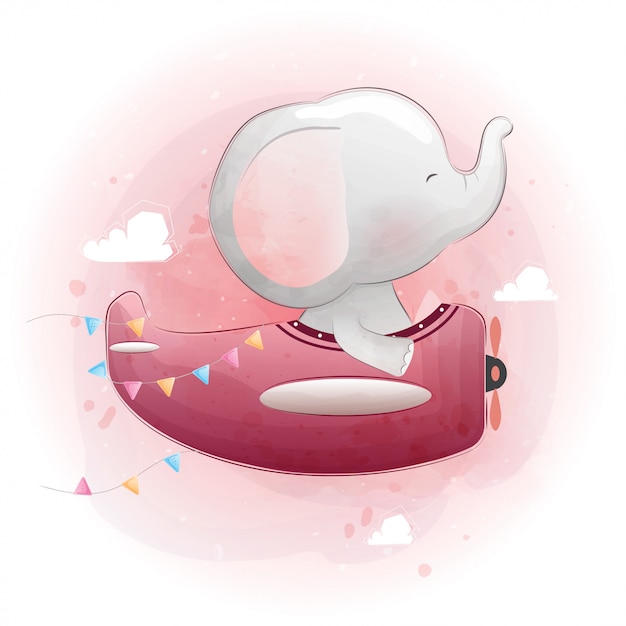 Cute baby elephant flying on an airplane. watercolor style. vector