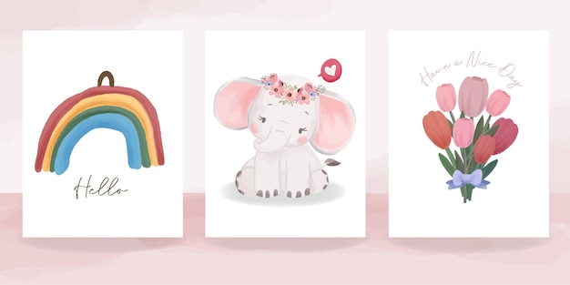 虹とチューリップの花のポスターカードグリーティングセットとかわいい象の赤ちゃん