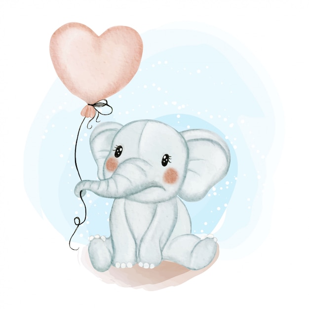 Cute baby elephant holding balloon love watercolor illustration