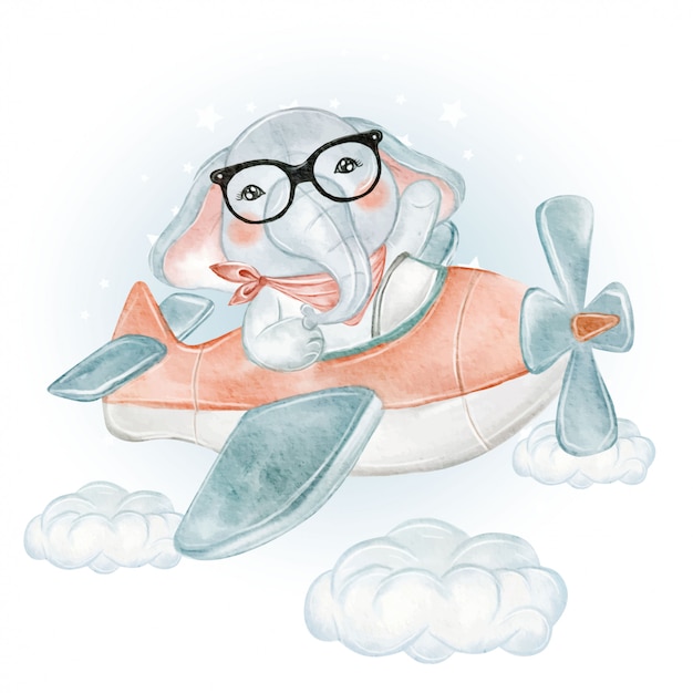 Vector cute baby elephant on a plane on the clouds