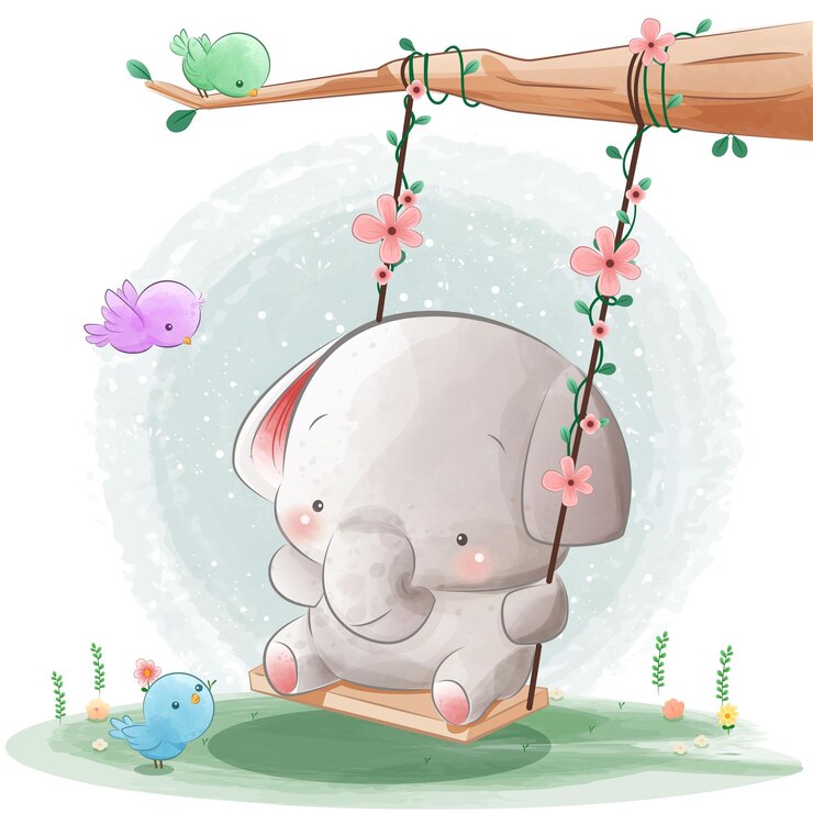 Cute baby elephant playing on the swing watercolor illustration