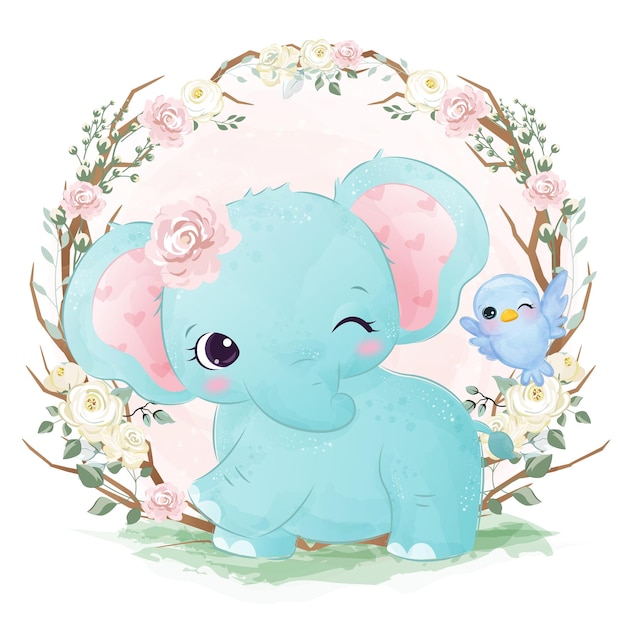 cute baby elephant playing with bird in watercolor