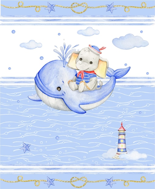 A cute baby elephant in a sailor suit rides a whale Watercolor cartoonstyle clipart on an isolated background