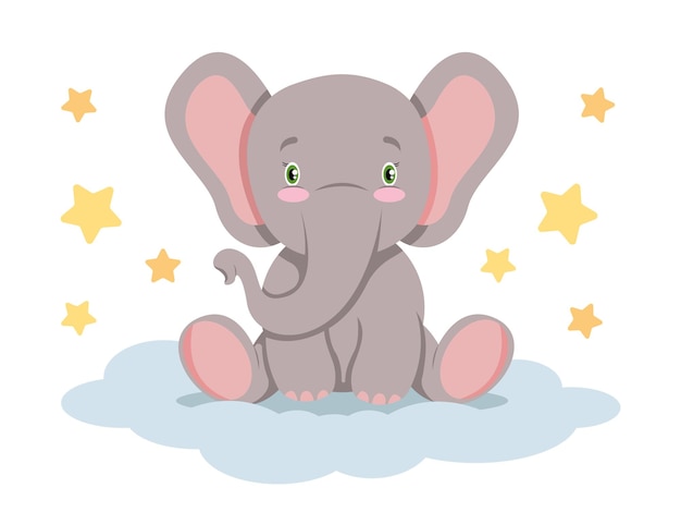 Cute baby elephant sitting on cloud with stars