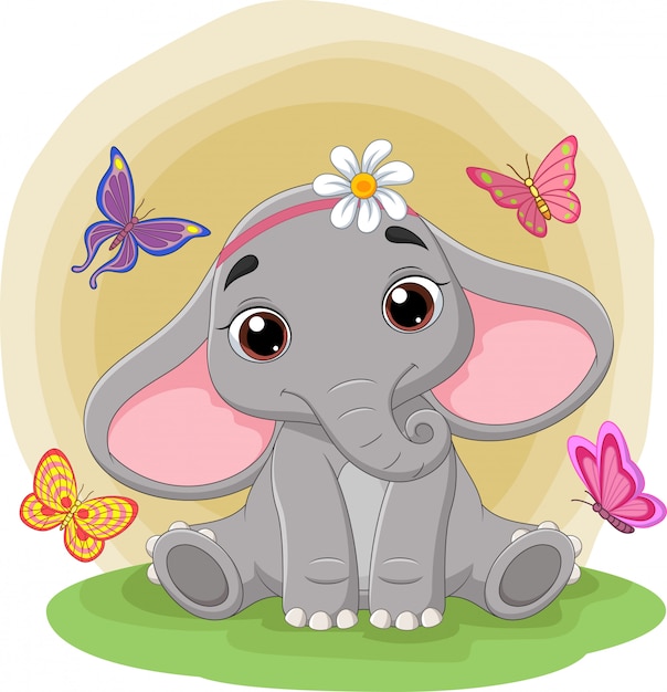 Милый слоненок сидит в траве среди бабочек