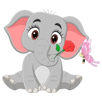 Милый слоненок сидит с цветами и бабочкой