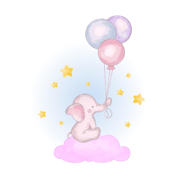 Cute baby elephant in the sky with balloon