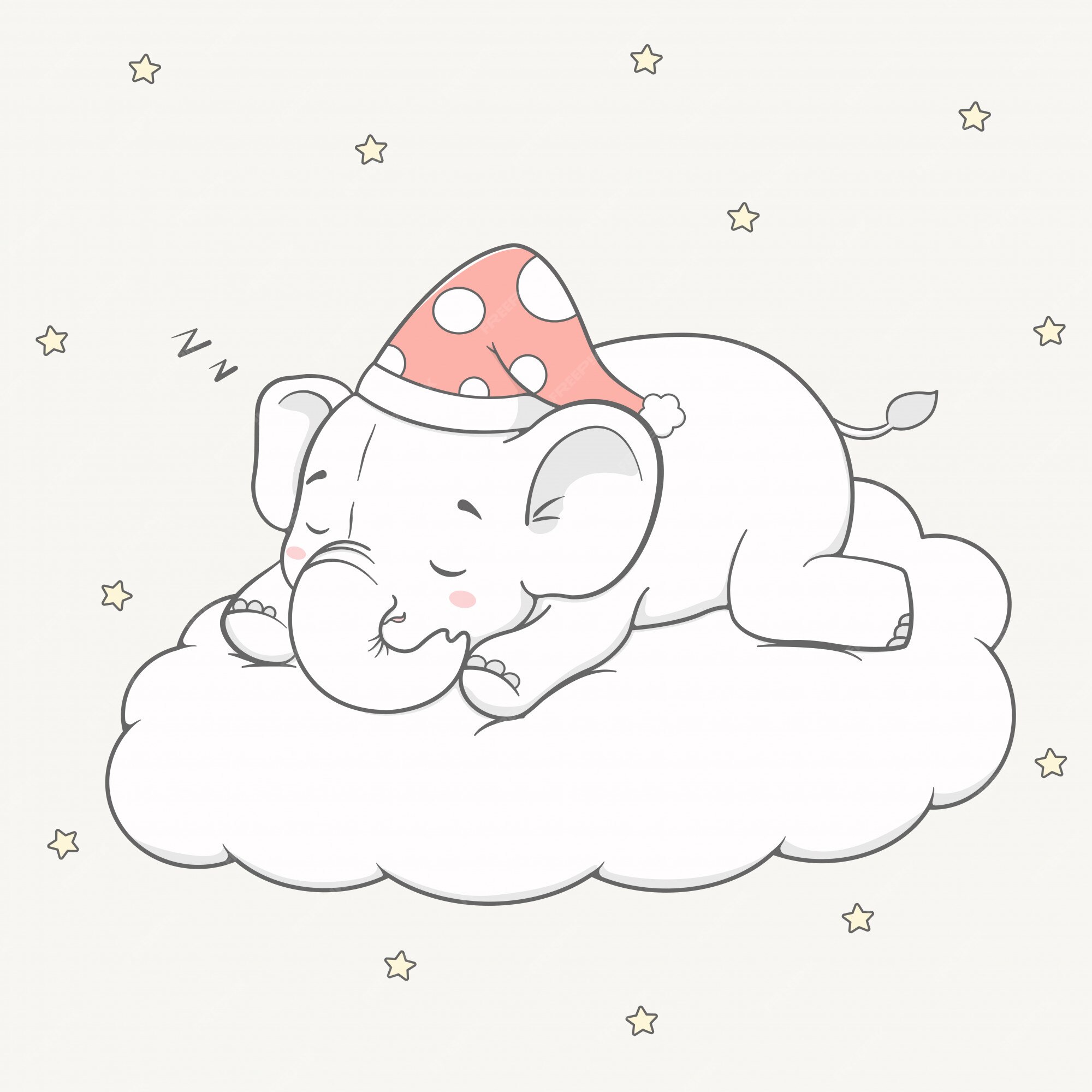 Premium Vector | Cute baby elephant sleep on the cloud cartoon hand drawn