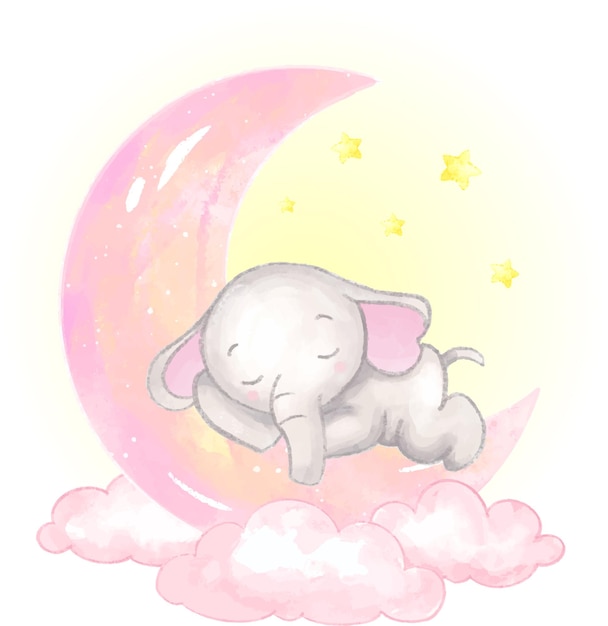 초승달에 귀여운 아기 코끼리 잠