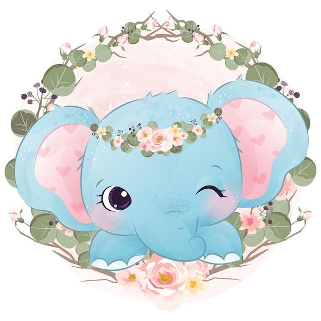 Vector cute baby elephant and spring flowers illustration