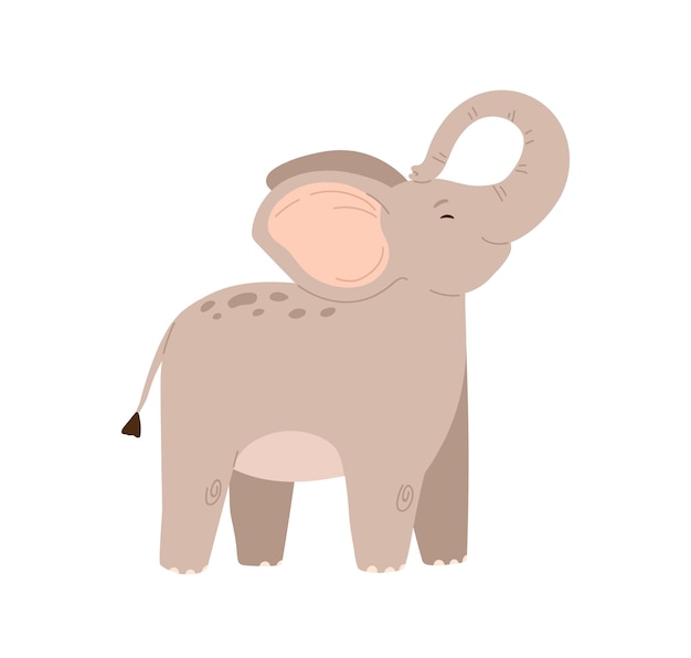 Cute baby elephant standing with trunk raised up. Funny happy animal character. Colored flat vector illustration isolated on white background.