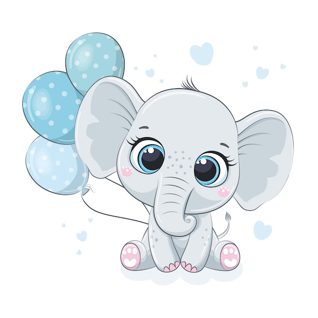 Vector cute baby elephant with balloons.