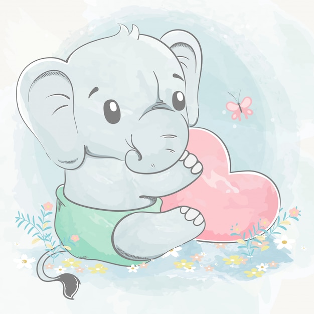 Cute baby elephant with big heart water color cartoon hand drawn illustration