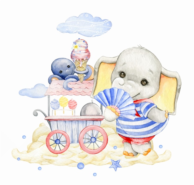 Vector cute baby elephant with a fan on the beach watercolor clipart in cartoon style on an isolated background