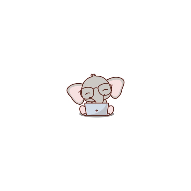 Cute baby elephant with glasses working on a laptop cartoon icon, vector illustration