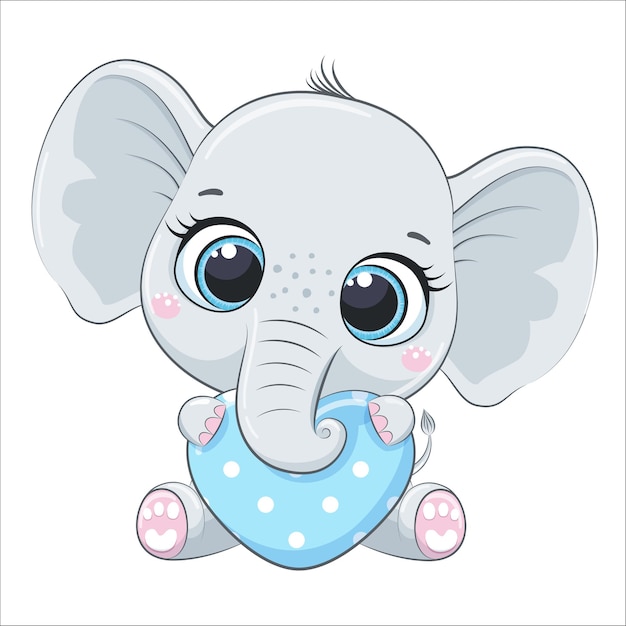 Cute baby elephant with a heart. Cartoon vector illustration.