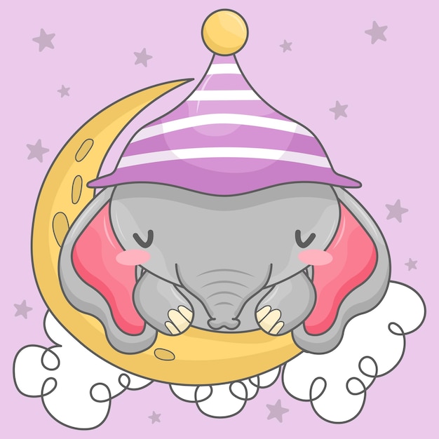 Vector cute baby elephant with moon