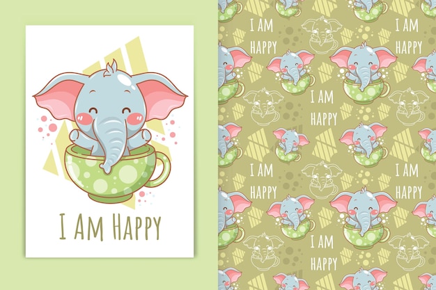 cute baby elephant with teacup cartoon illustration and seamless pattern set