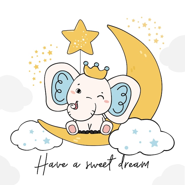 초승달 밤 달콤한 꿈 생일 인사말 카드 만화에 귀여운 아기 코끼리 삼림 지대 왕자
