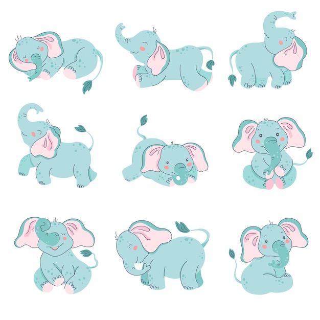 Vettore cute baby elefanti elefante animale appena nato in diverse pose mascotte dello zoo insieme di illustrazioni vettoriali