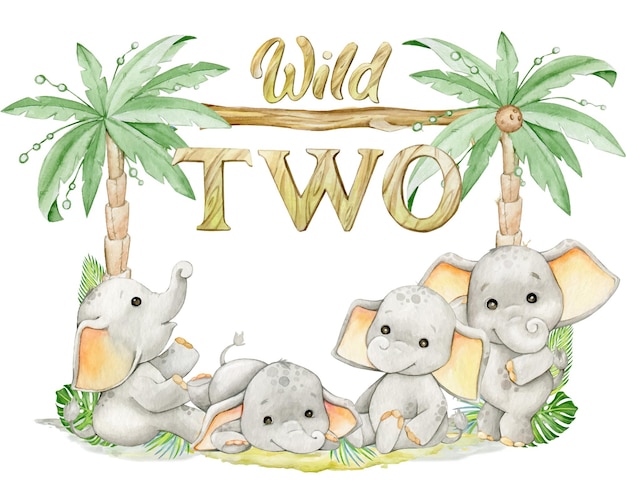 Cute baby elephants palm trees text wild two watercolor frame in cartoon style on an isolated background