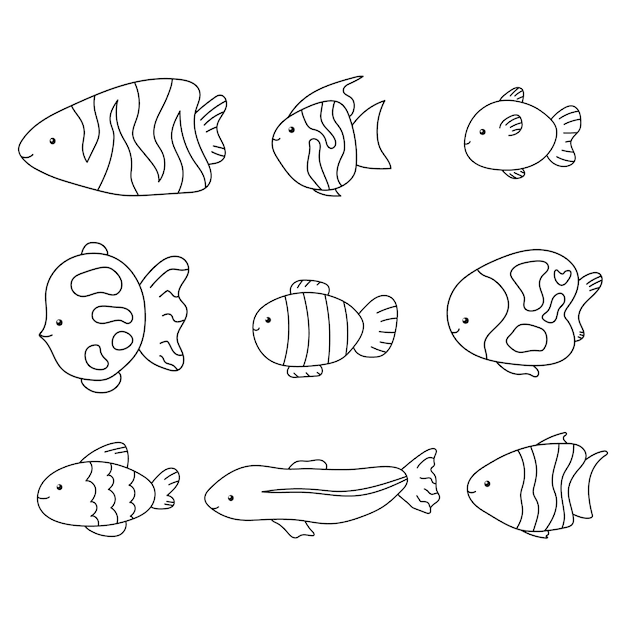 Vector cute baby fish isolated line collection set doodle isolated hand drawn vector illustrations sketch