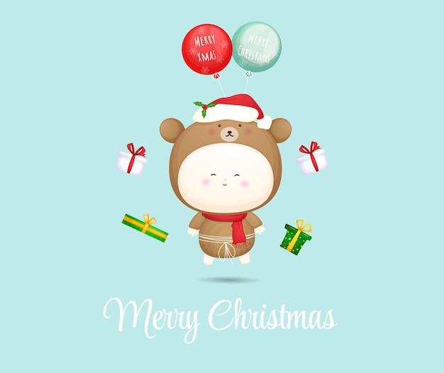 Cute baby flying with balloon for merry christmas illustration premium vector