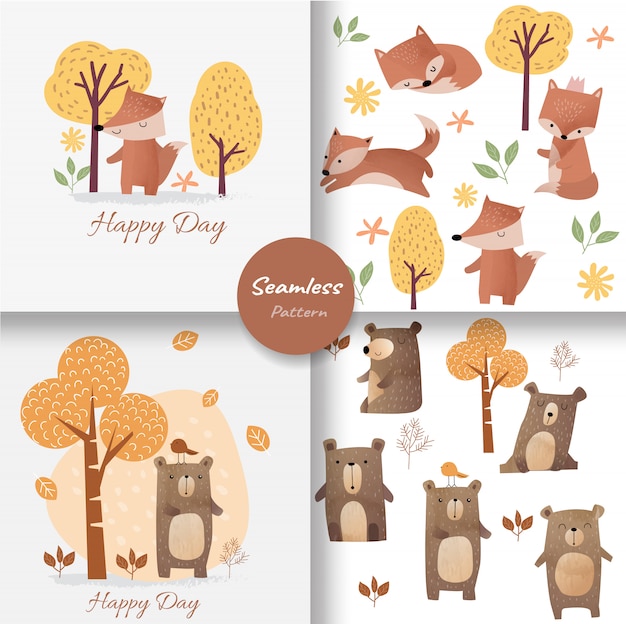 Cute baby fox and bear seamless pattern