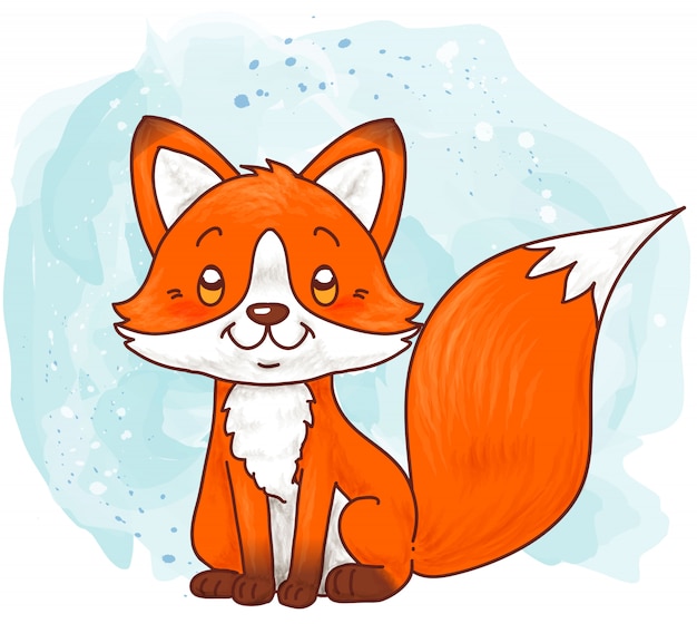 Cute baby fox sitting on a winter watercolor