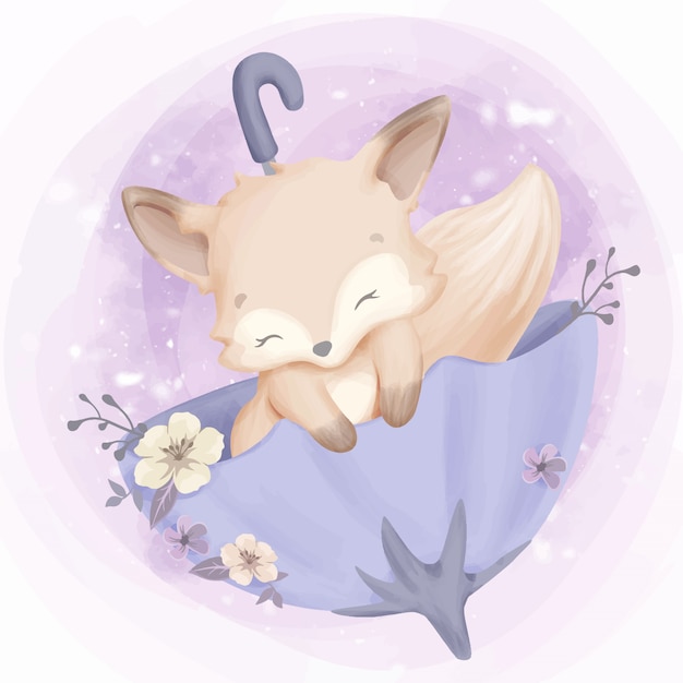 Vector cute baby fox sleep on umbrella