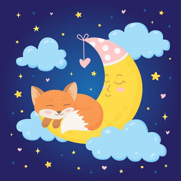 Vector cute baby fox sleepping on the crescent moon