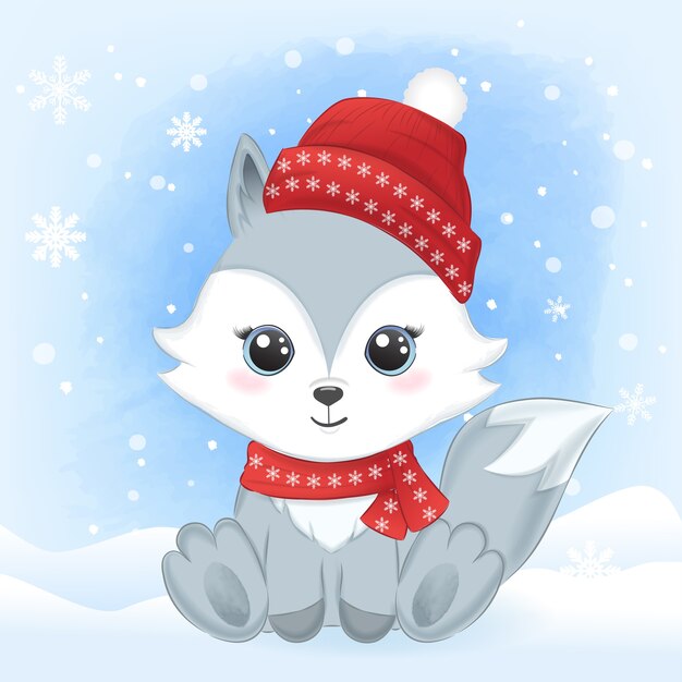 Vector cute baby fox and snow winter background