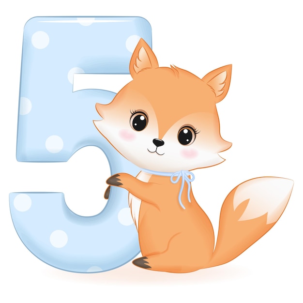 Cute Baby Fox with number 5 cartoon illustration