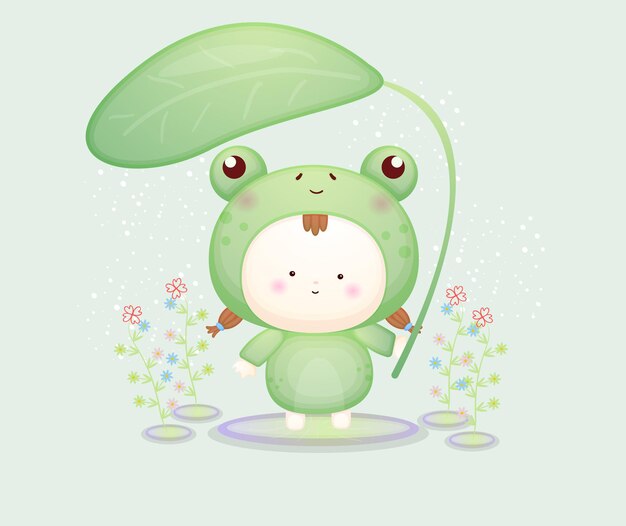 Cute baby in frog costume holding leaf. mascot cartoon illustration premium vector