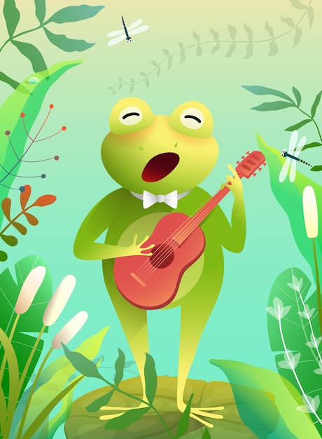 Vector cute baby frog playing quitar or singing a song standing on the waterlily in a pond or swamp