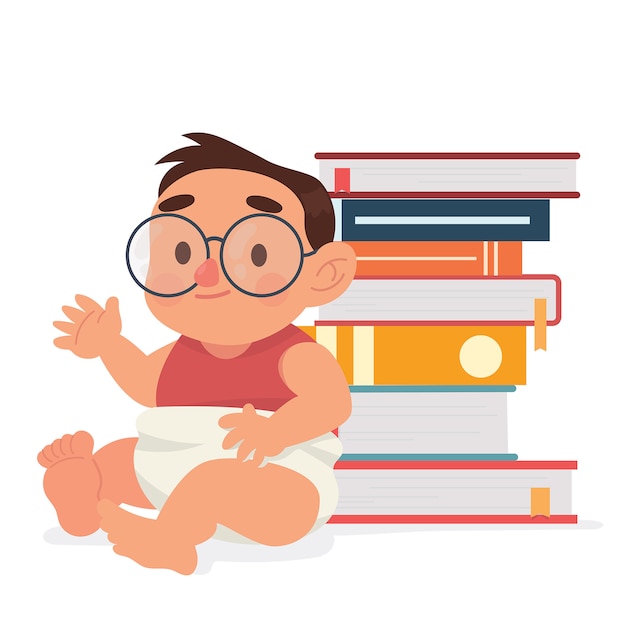 Cute baby genius in glasses and book