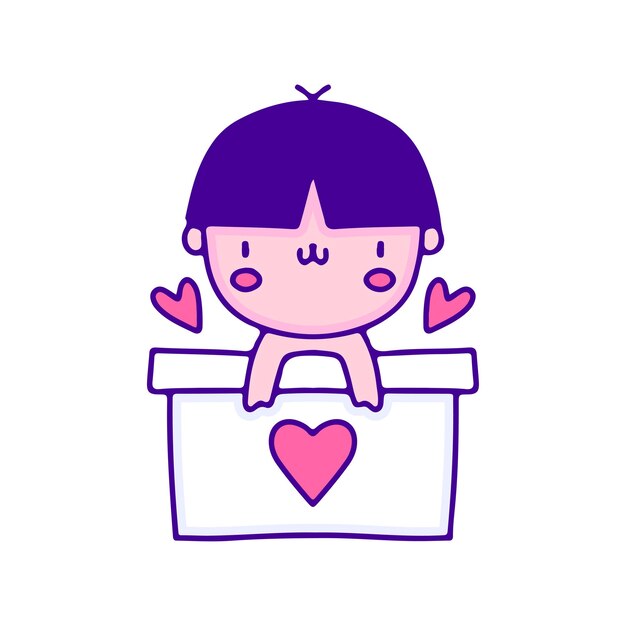 Vettore bambino carino in scatole regalo doodle arte, illustrazione per t-shirt, adesivi o articoli di abbigliamento.