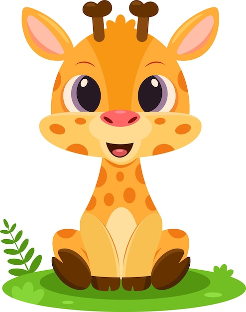 Cute Baby Giraffe Animal Cartoon Character Vector Illustration Flat Design
