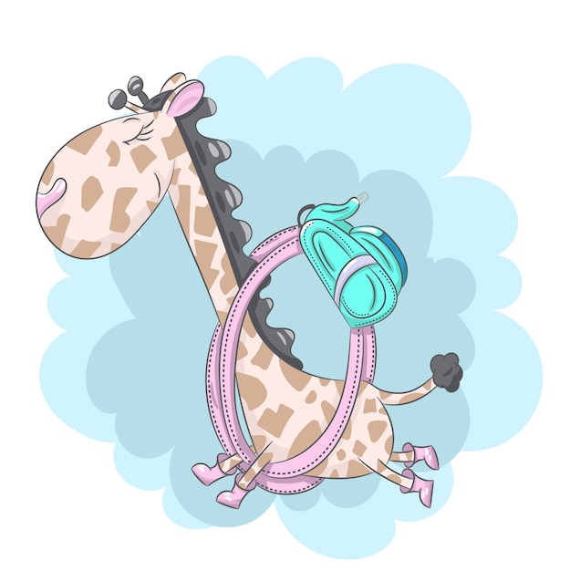Cute baby giraffe runs to school cartoon hand drawn