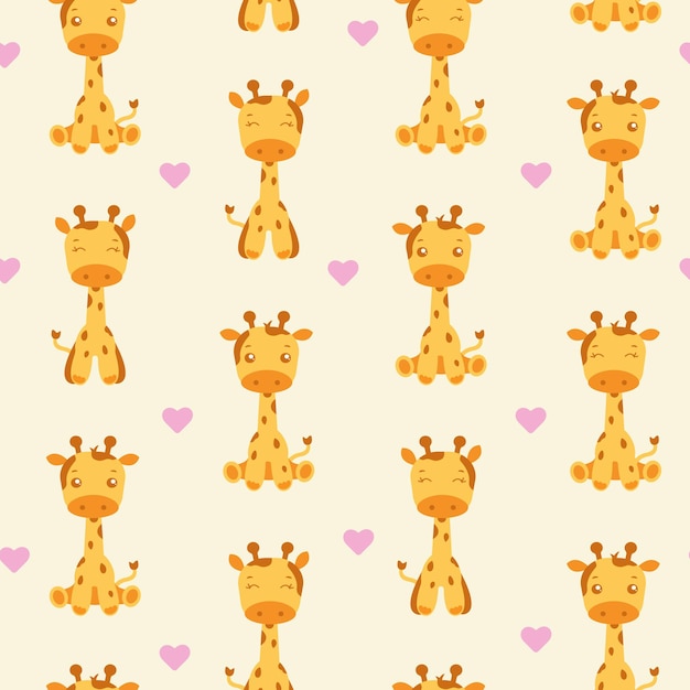 Vector cute baby giraffe seamless pattern children background with adorable lions and hearts