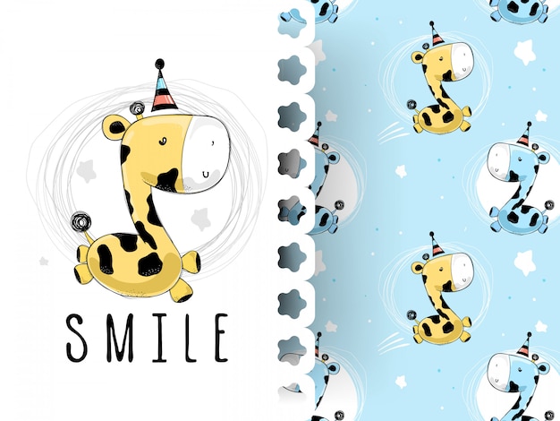 Vector cute baby giraffe smiling with pattern background