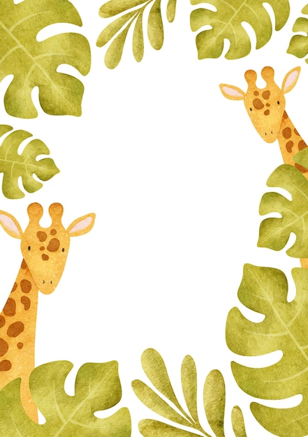 Cute baby giraffe and tropical monstera leaves Funny frame of Safari Kids hand drawn watercolor background Template for childrens invitation cards baby shower decoration of kids room